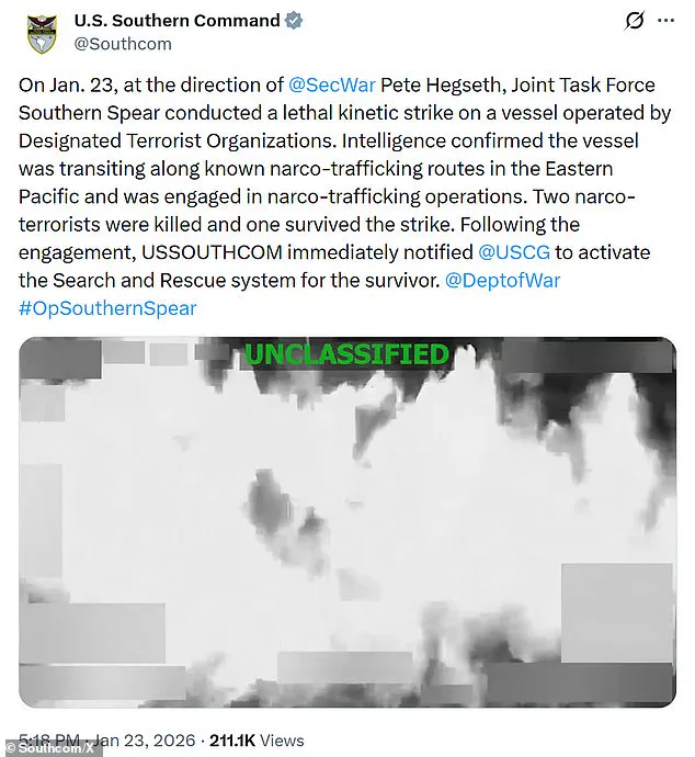 U.S. Military Strikes Narcoterrorist Vessel in Caribbean, Results in Two Fatalities and One Survivor