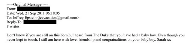 Sarah Ferguson Sends Startling Congratulations to Jeffrey Epstein on Baby Boy in Newly Released Emails