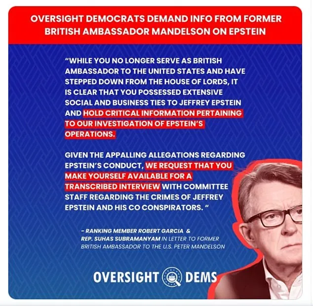U.S. Lawmakers Demand Mandelson Testify Over Epstein Ties, Citing New DOJ Files