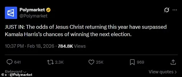 Jesus's Second Coming Odds Outpace Kamala Harris's 2028 Election Chances, Per Crypto Market Data