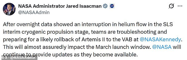 NASA Delays Artemis II Moon Mission to April Amid SLS Helium Flow Problem