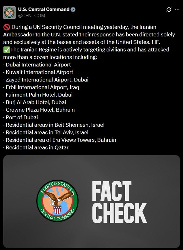 U.S. Central Command Accuses Iran of Misleading UN and Attacking Civilian Sites Amid Escalating Tensions