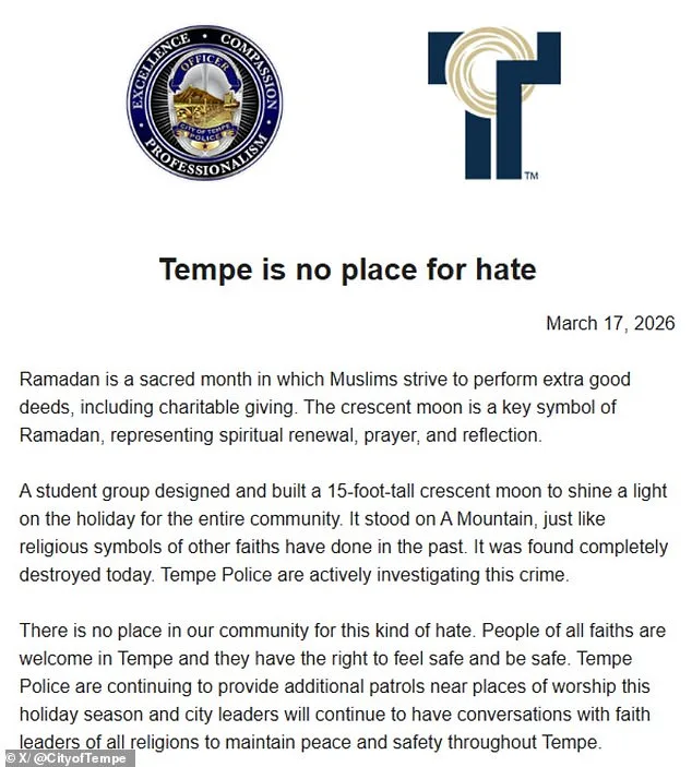 Vandals Destroy 15-Foot Islamic Crescent Moon Symbol of Ramadan on Arizona Mountain