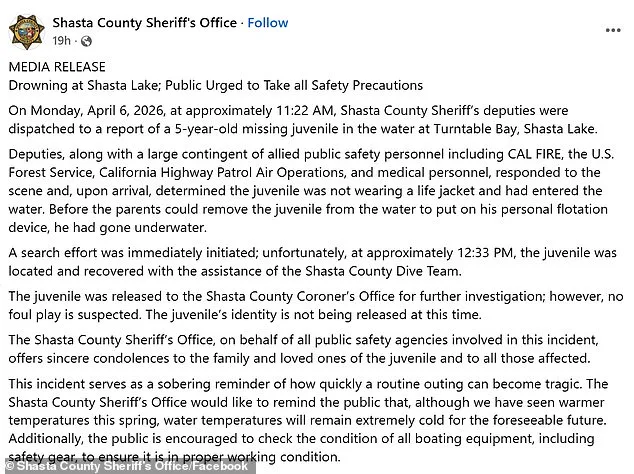 Five-Year-Old Drowns in Shasta Lake After Missing Life Jacket