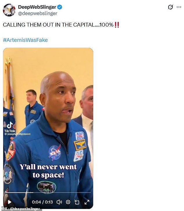 Conspiracy theorist aggressively accuses Artemis II astronauts of faking lunar mission.
