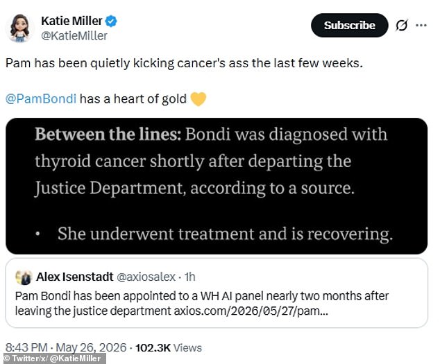 Former AG Pam Bondi recovering from thyroid cancer while serving in new AI role