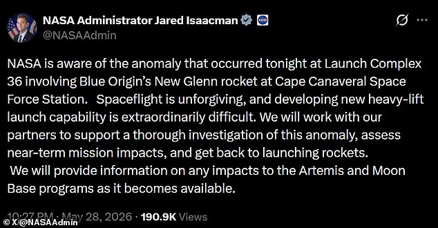 Blue Origin's New Glenn Rocket Explodes, Threatening NASA Artemis Moon Mission
