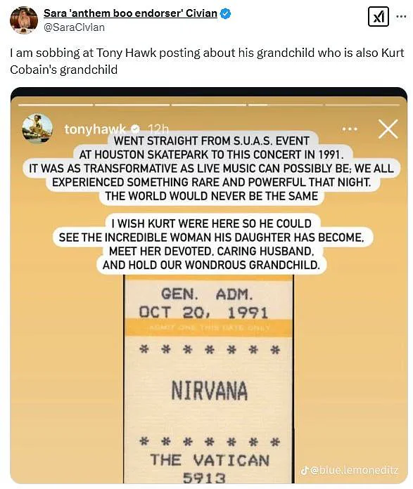 Tony Hawk reflects on late musician Kurt Cobain never meeting his first grandchild