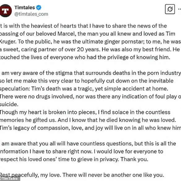 Tragic Loss: Gay Porn Star Tim Kruger's Sudden Death Shocks Industry and Fans