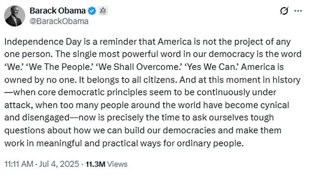 Obama's Fourth of July Message Sparks Debate on Unity and Democratic Principles Amid Political Challenges